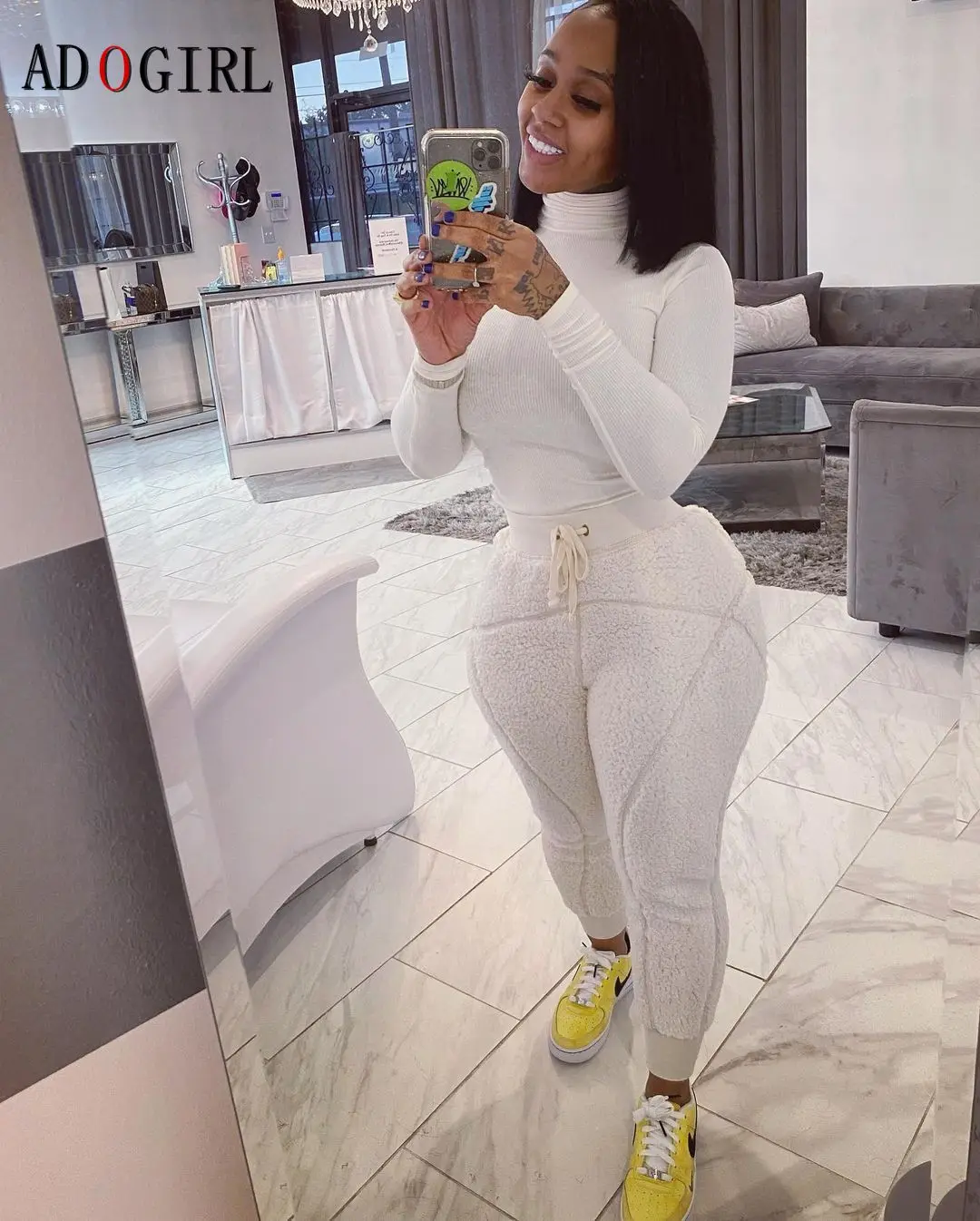 

Adogirl Women Warm Tracksuits Long Sleeve Turtleneck Top + Teddy Cashmere Pants 2 Two Piece Set Outfits Winter Suit