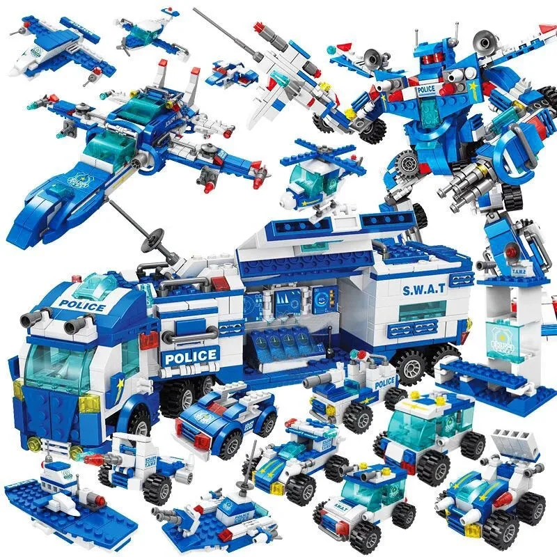

City Deformation Mobile Police Station Swat Robot Fighter Building Block DIY Military Vehicle Brick Toy For Boy Kids Gift Bag