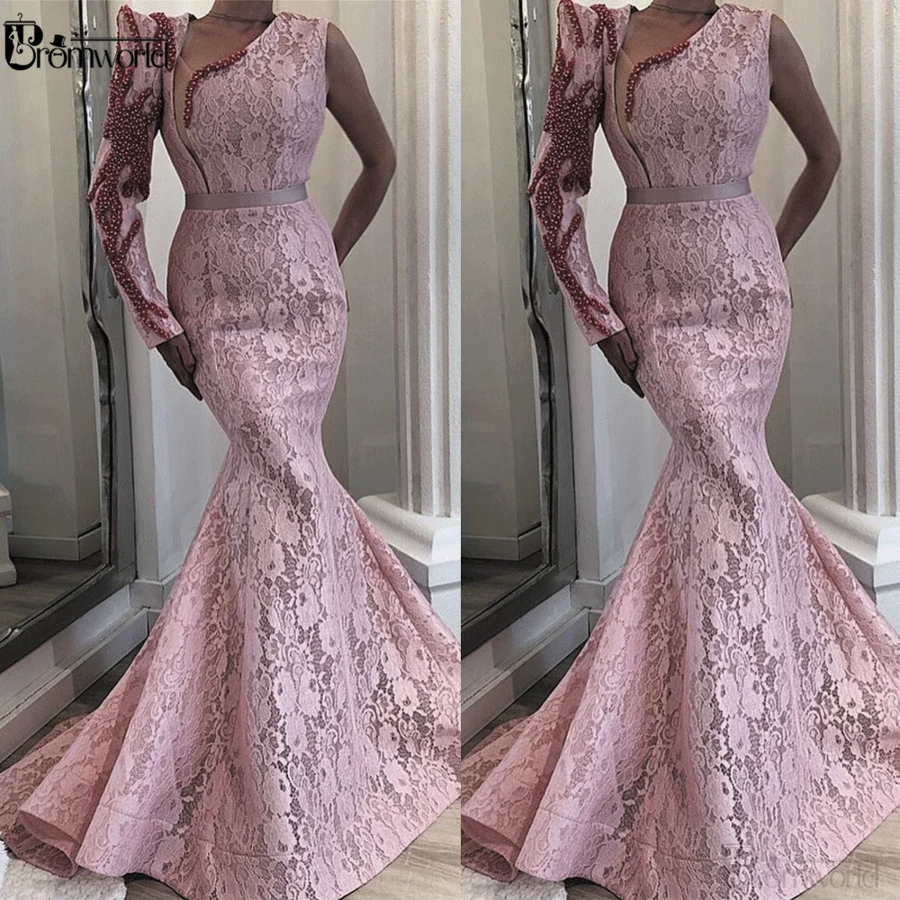 Розовое мусульманское вечернее платье на одно плечо длинное Кружевное Русалка с