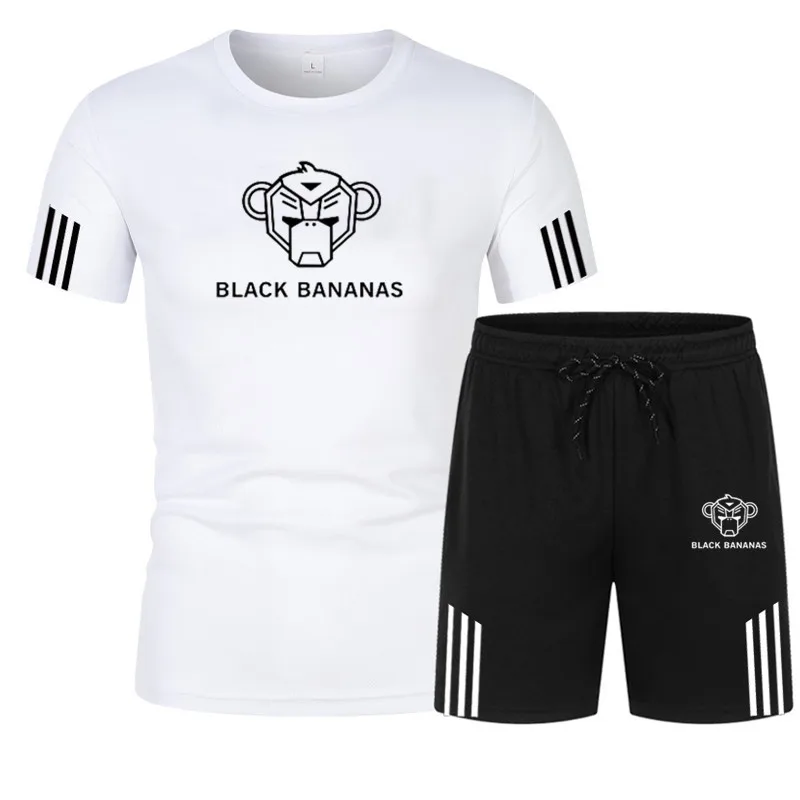 

2021 new men's sports shirt pants summer black banana men's T-shirt + shorts casual suit basketball running quick-drying clothes