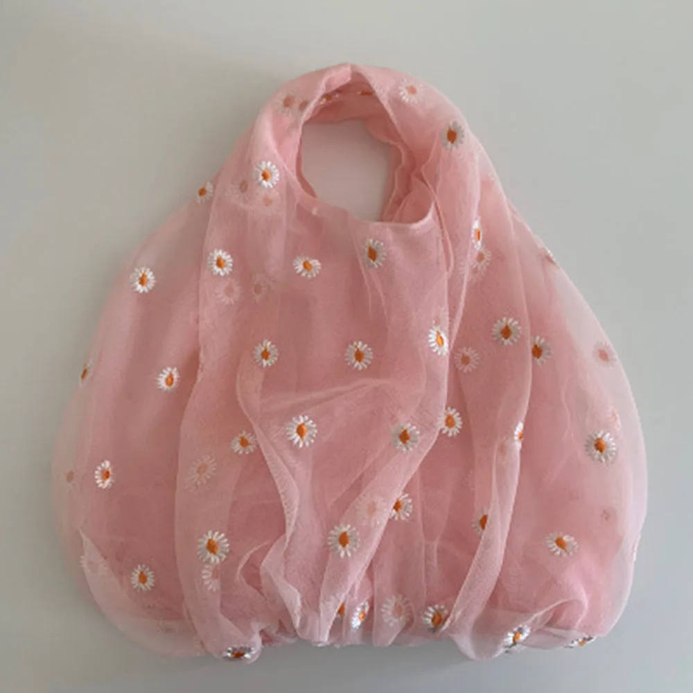 

3d Women Daisy Embroidery Handbag Shopping Bag Small Transparent Tote Mesh Cloth Bag Eco Fruit Bag Shopping Bags Lace Flower