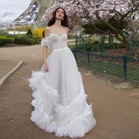 off the shoulder elegant nudewhite feather wedding dress tulle layer skirt bridal gowns vestido de noiva sereia