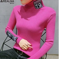 2020 autumn winter sweater women knitted ribbed pullover sweater long sleeve letter turtleneck slim jumper soft warm pull femme
