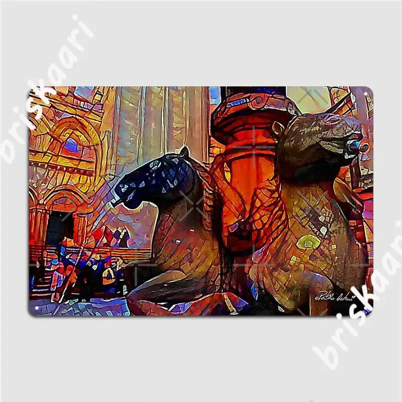 Металлический плакат с изображением фонтана лошадей в Сантьяго-де-компостели