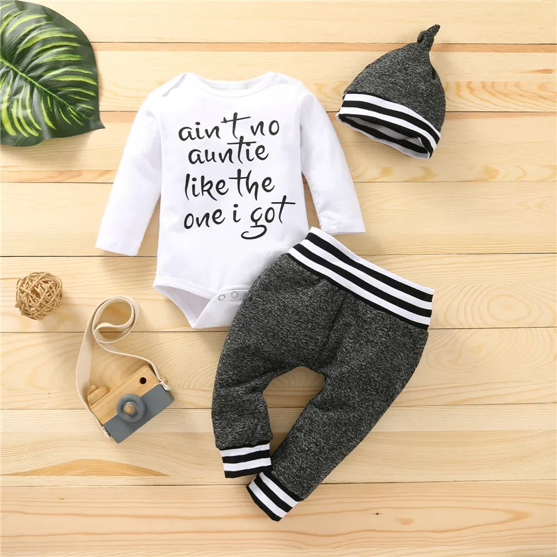 

3 Pcs Newborn Outfits Clothes Girl Boy Letter Print Long Sleeve Romper Striped Pants Knotted Hat Baby's Clothing Sets