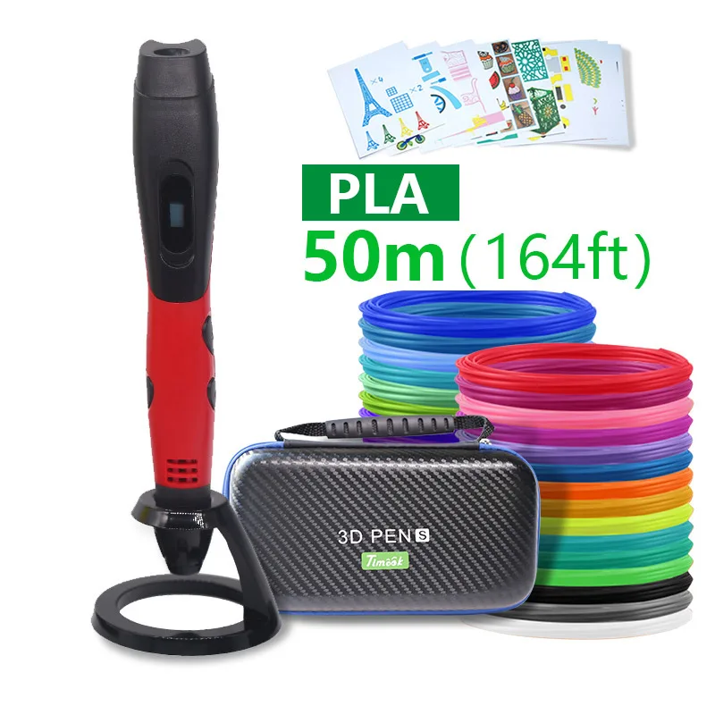 Red pen PLA50m 3d ручка 3d-ручки, светодиодный дисплей, ABS / PLA-филамент, 3-я ручка Добавить специальные брекеты для защиты рук,с 5 В в 2A usb адаптер 3d-печатные ручки Рождественские подарки - Цвет: Red pen PLA50m