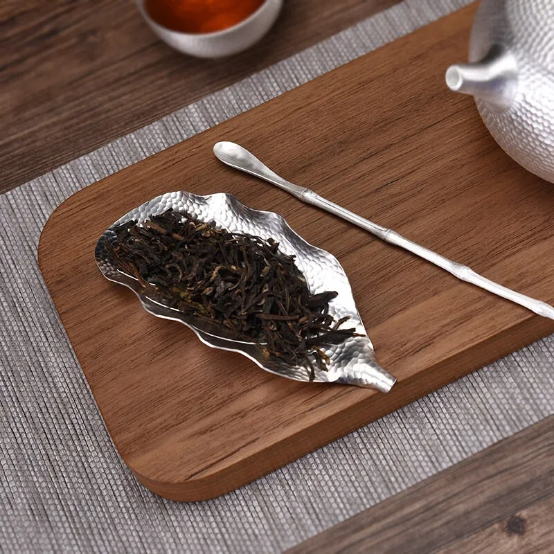 Pala de t&eacute; en forma de hoja, cuchara de t&eacute; tallada a mano de plata de ley 999, Accesorios para Juego de t&eacute; de Ceremonia de t&eacute; para el hogar-2