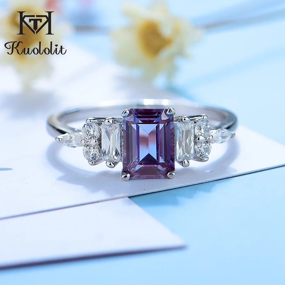 

Kuololit 1.2ct Alexandrite Gemstone Ring for Women Solid 925 Sterling Silver Ring emerald cut Lab grown stone for Engagement 10#