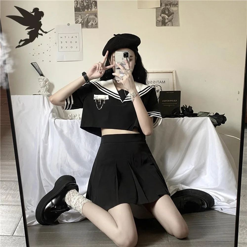 

Japan Style Womens 2020 Fashion Sailor Collar Pullover +Fashion Vintage Mini Pleated Skirts High Waist Skirts