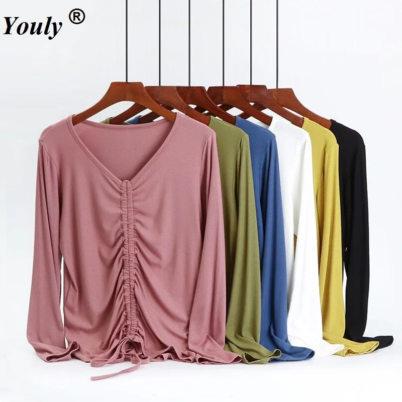 

V Neck Long Sleeve Drawstring Bottom Thin T-Shirt Multicolor 2021 Women Autumn Casual Modal Sexy Tees Slim Pleat Lace Up Top