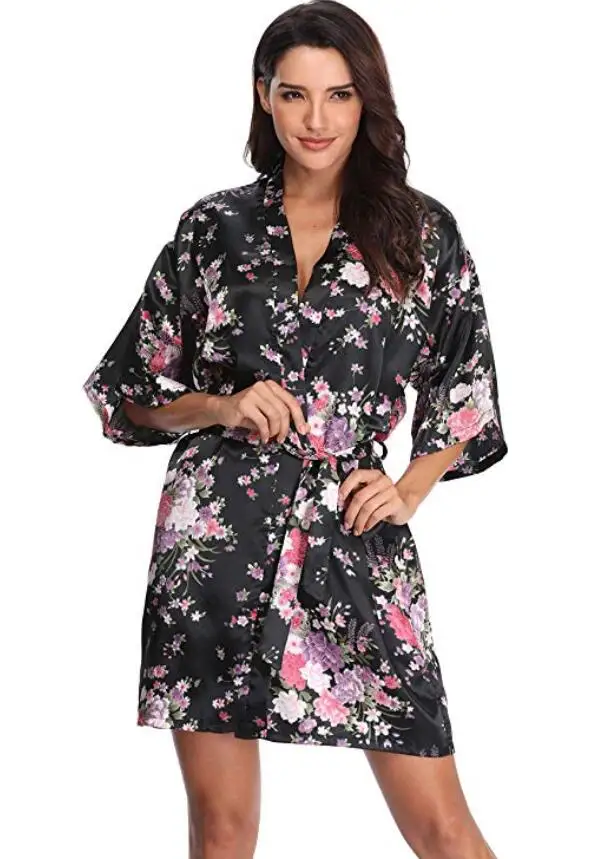 Халат женский атласный с цветочным принтом Шелковый Свадебный банный халат для