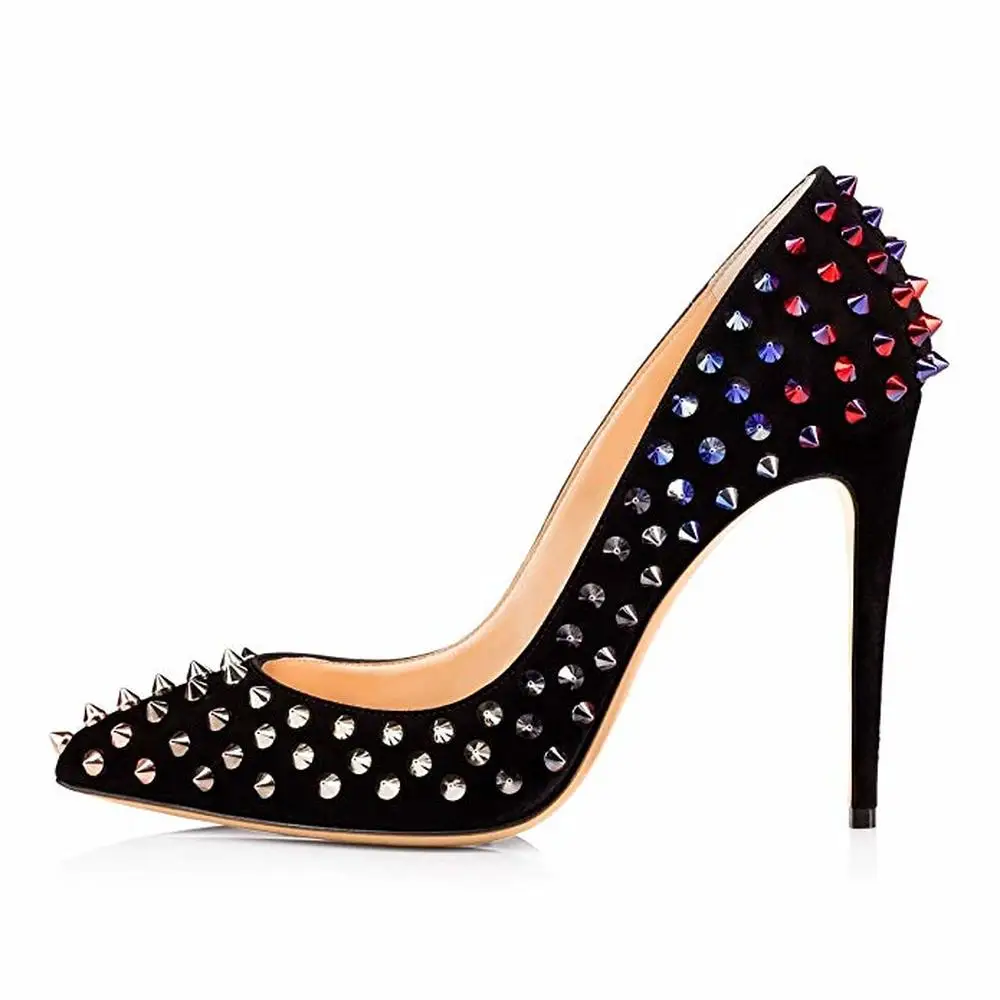 

US4-11 Womens Pointed Toe Rivet Studs Colorful Stilettos High Heel Pumps Low Top Sexy Nightclub Shoes Plus Size Black