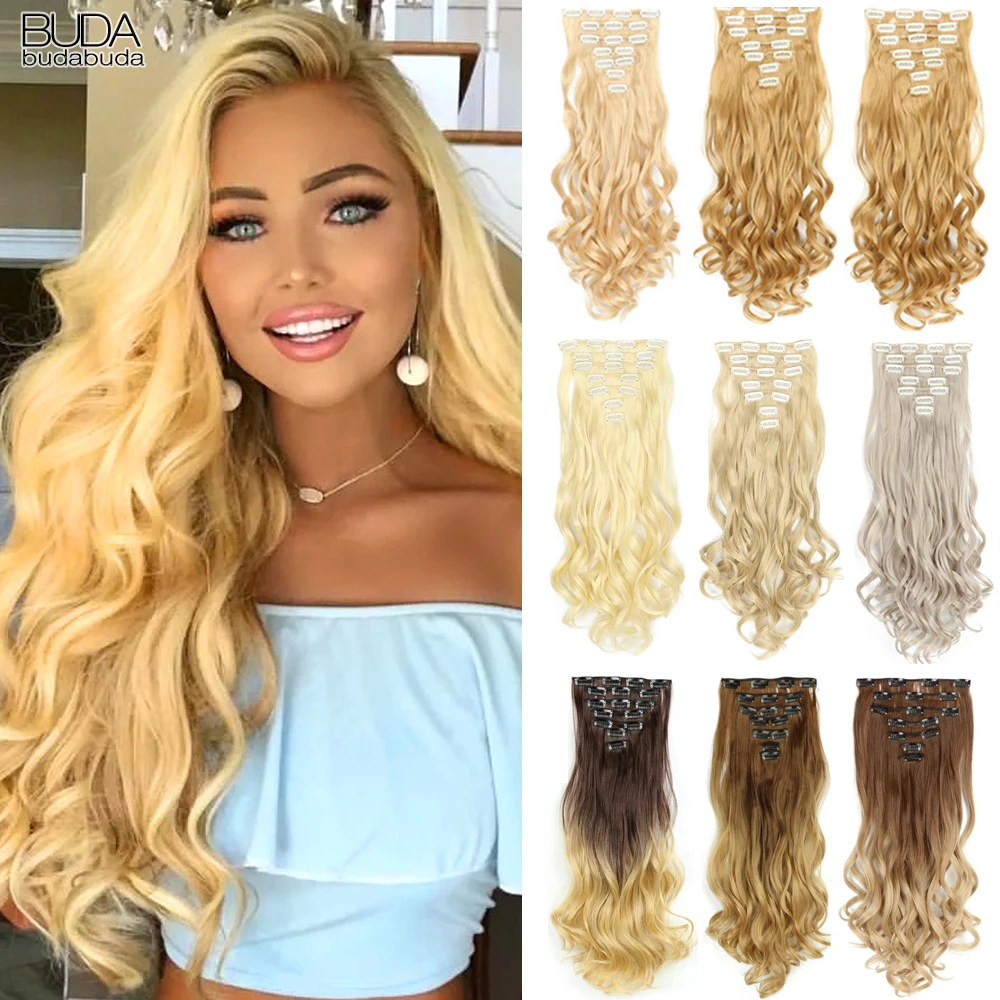 

22Inch Curly 16 Clips in Hair Extension Ombre Blue Gray Synthetic Fake Hairpieces Highlight Heat Resistent Fiber For White Women