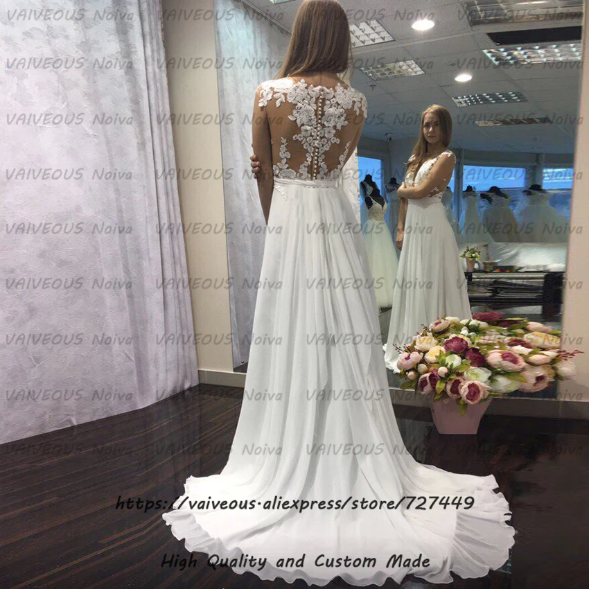 Vestido noiva praia прозрачный сзади аппликации шифоновое свадебное платье сексуальное