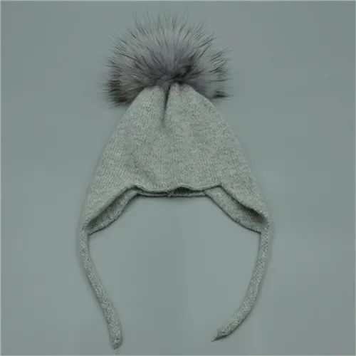 Осенне-зимняя детская шапочка, шапка с натуральным мехом, шапка с помпоном для мальчиков и девочек, шерсть вязаная теплая шапочка, хлопковые шапки с ушками - Цвет: Grey match fur