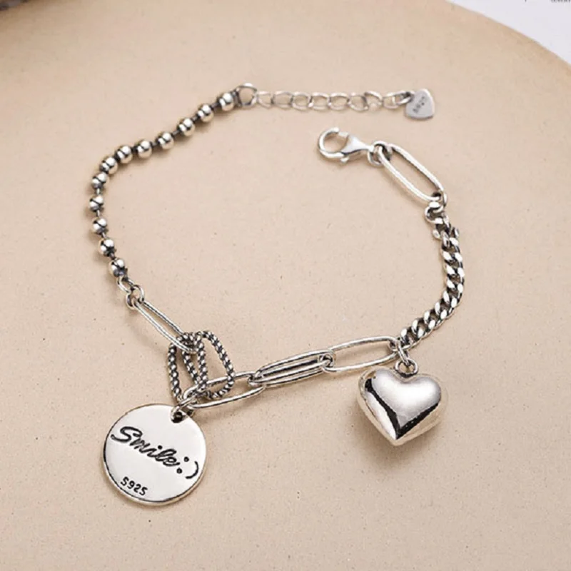 

YAOLOGE 925 Silver Bracelet English Letter Tag Love Heart Pendant Thai Silver Hand Ornaments Ladies Couple Party Gift