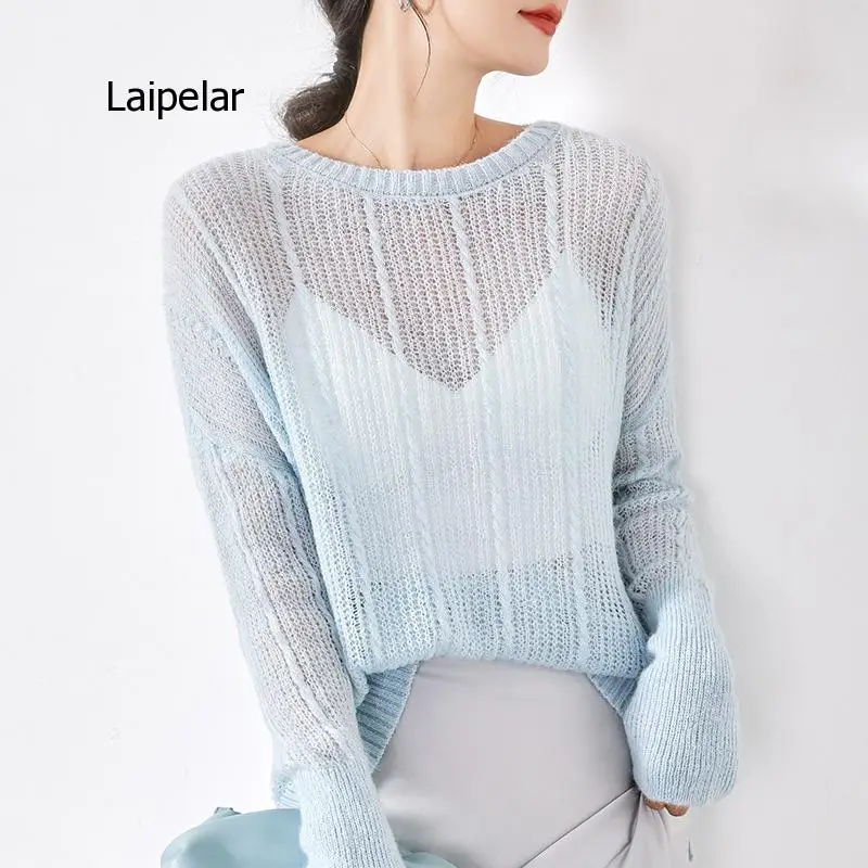 

Women's Hollow Out Top Long Sleeve Round Neck Pullover Thin Early Spring 2021 Solid Color Sweater