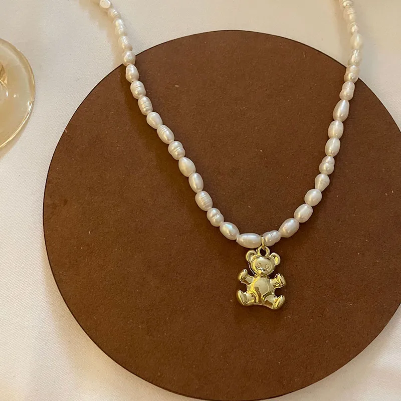 

Fresh water Real pearl necklace with heart pendant bear jewelry clavicle necklace summer elegant dainty cute kawaii french style
