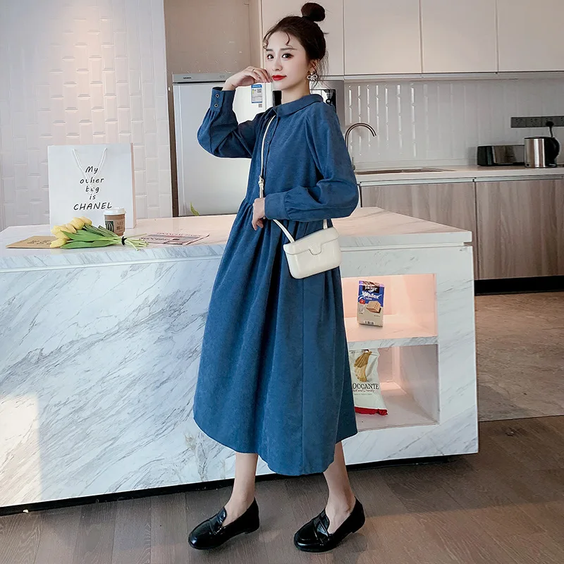 

Fashion Corduroy Maternity Long Dress 2021 Spring Autumn Korean Elegant Loose Clothes for Pregnant Women Pregnancy Party Dress