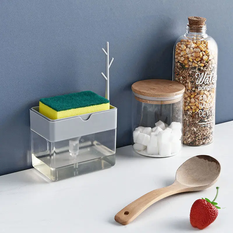 

Kitchen Soap Pump Dispenser With Sponge Holder 2-in-1 Liquid Dispenser Container Hand Press Soap Organizer Kitchen Accessories