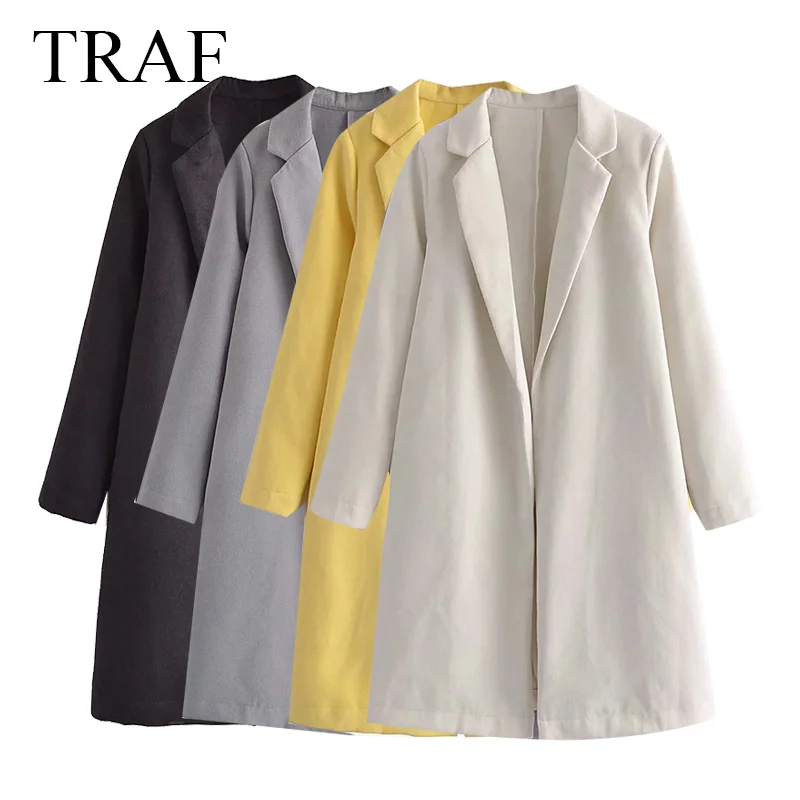 

Женское осеннее пальто TRAF ZA, Однотонное шерстяное классическое пальто оверсайз, простая куртка без пуговиц, винтажный Топ с длинным рукавом...