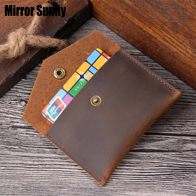 

Hot Selling Cowhdie Genuine Leather Business Card Holder Crazy Horse Leather Snap Button Coin Purse Simple Business Card Holder