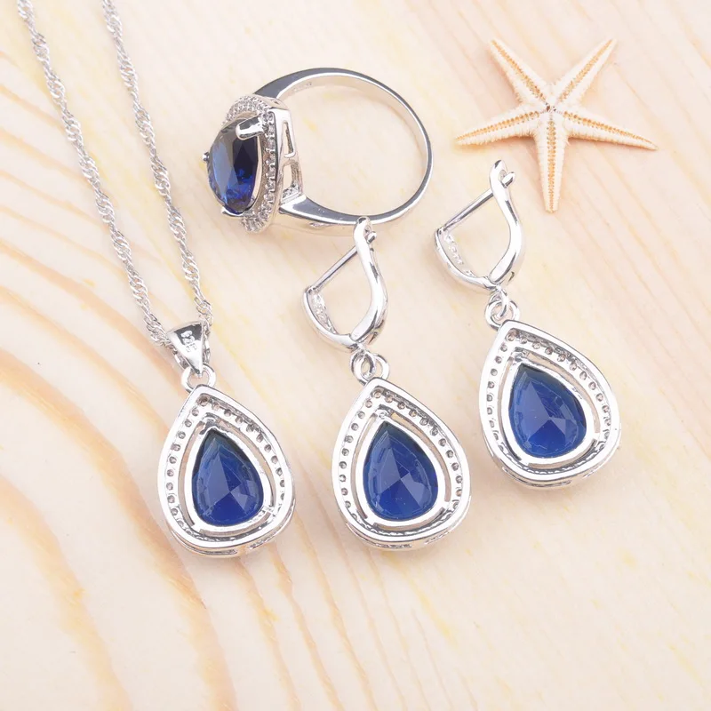 Комплект из колье серёг и кольца с голубым кристаллом | Украшения аксессуары