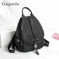 gagacia black chain women leather anti theft backpack school bags for girls travel backpacks large capacity bagpack back pack