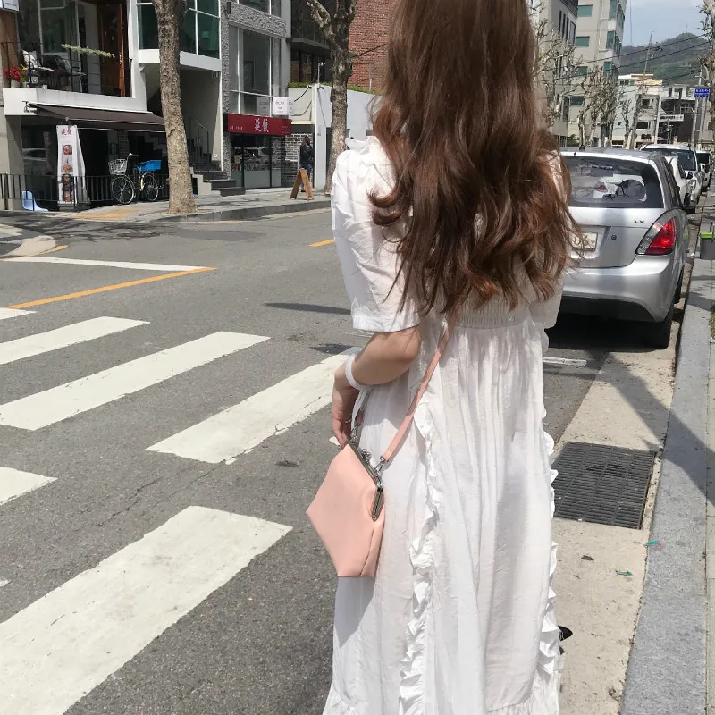 

Women Streetwear Sundress Summer Long White Ruffle Dress A-line Solid Vestidos Elastics Bust Vintage Jurken Robe Femme Sukienki