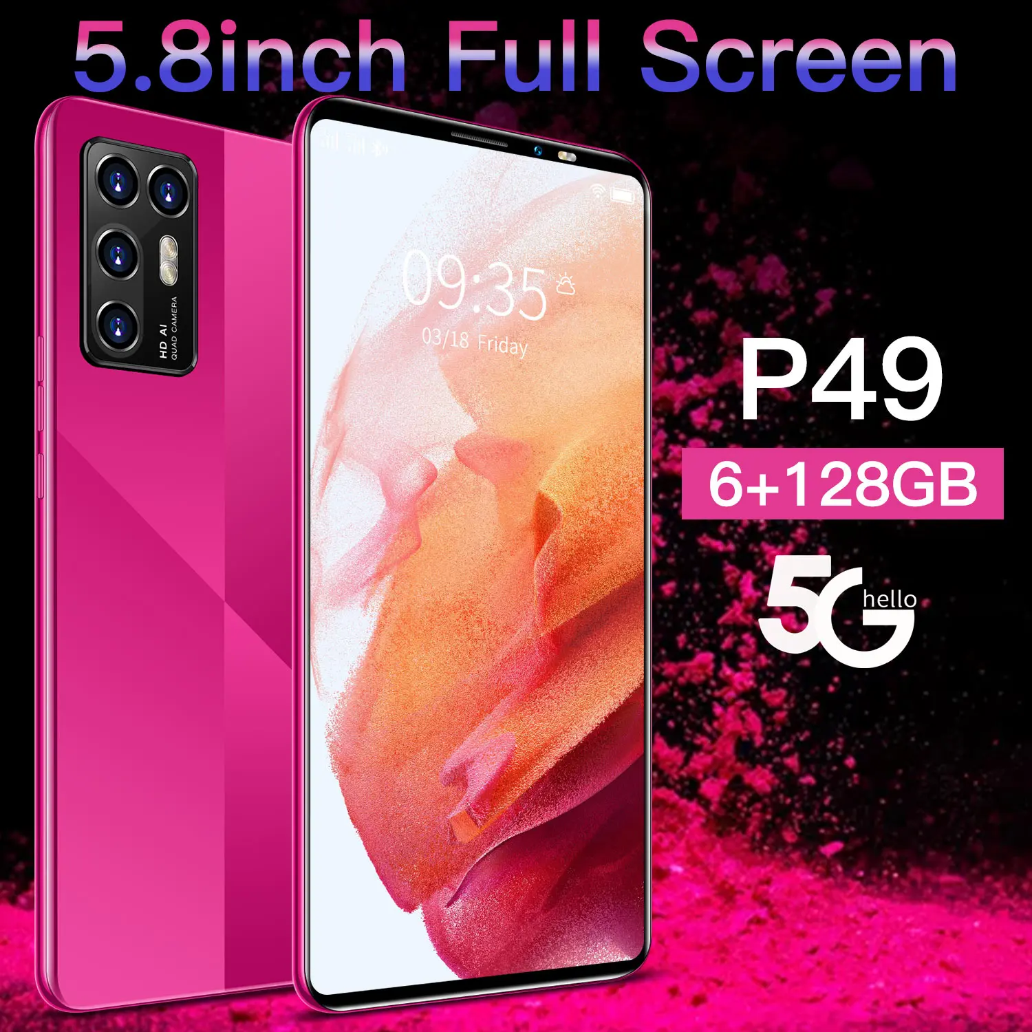 

Latest Model P49 GlobalVersion 6 128GB 5.8 Inch Cheap CellPhone HD Camera Pixels Dual SIM 8 Core Andriod 10 Face ID Smart Phone