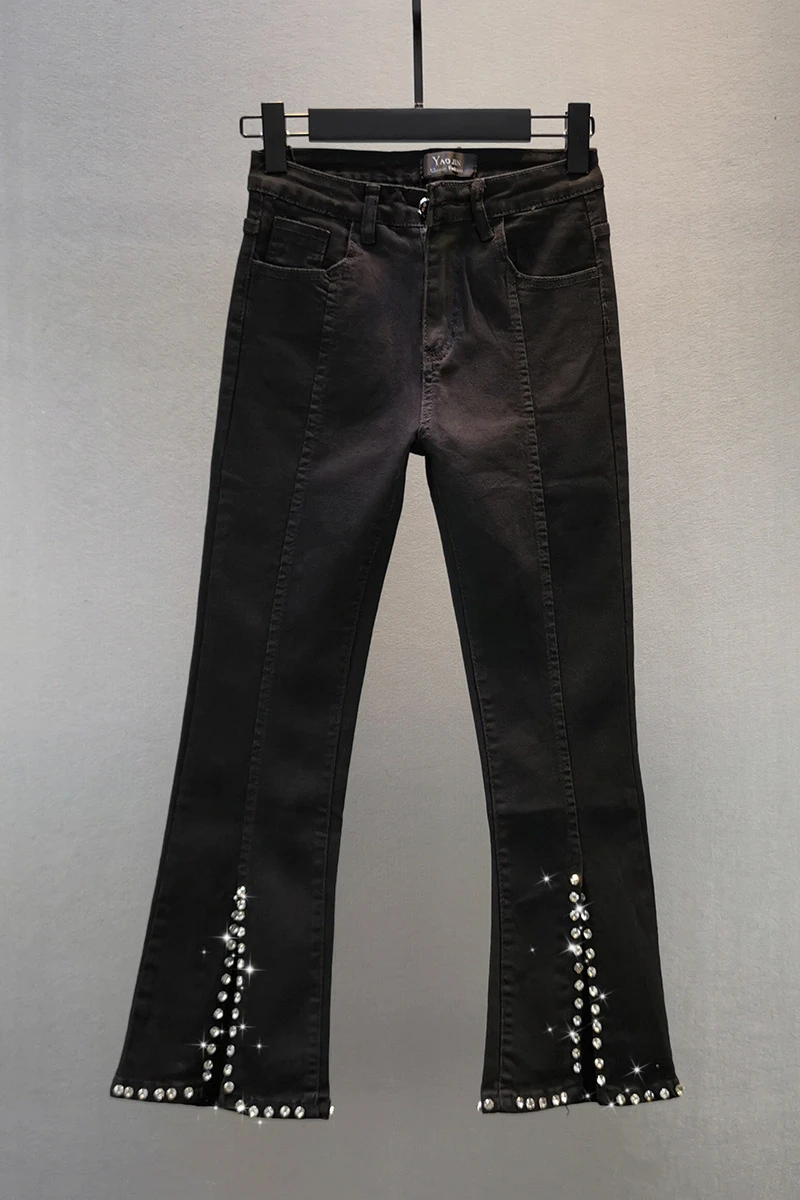 

Fashion Diamond Jeans Women's 2020 Autumn New Cotton Elastic Slim Waist Show Thin Black Capri Trousers Girls Students Jean Pants