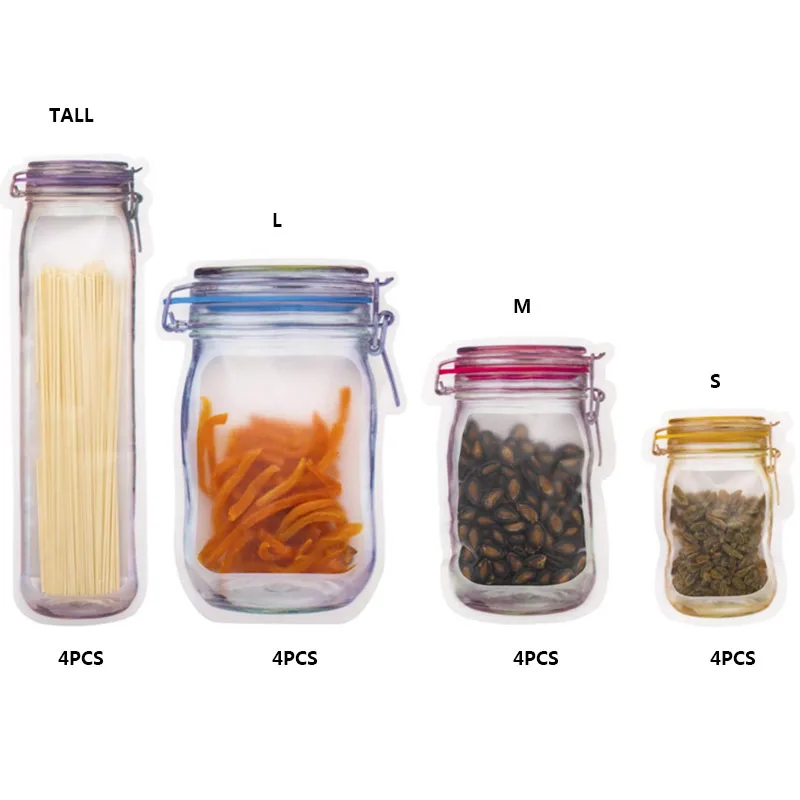 16 шт/4 шт многоразовые мешочки Mason Jar портативные на молнии пакеты для хранения еды