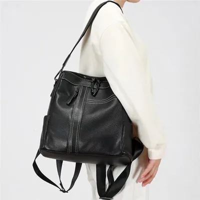 

novelty genuine leather women black backpack for female causal multifunctional one shoulder bag causal lady travel daypack