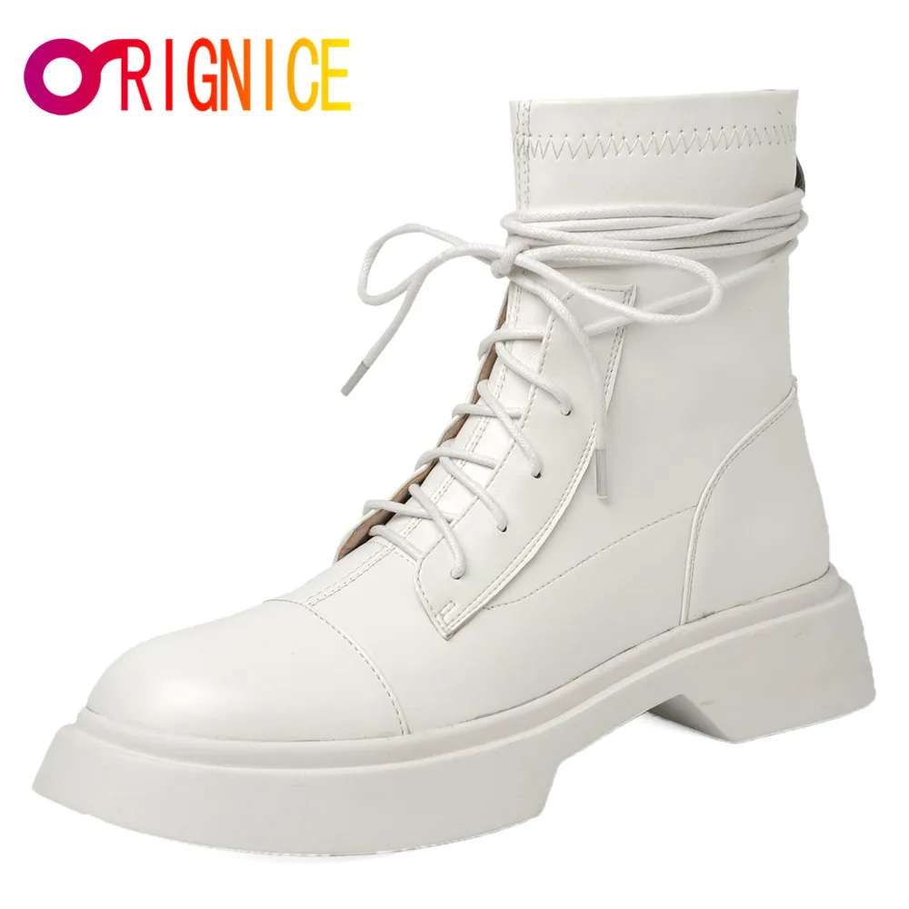 

Orignice High Quality Women Genuine Leather Ankle Boots Square Low Heel Autumn Winter Warm Black Beige Lace-Up Zipper Shoes