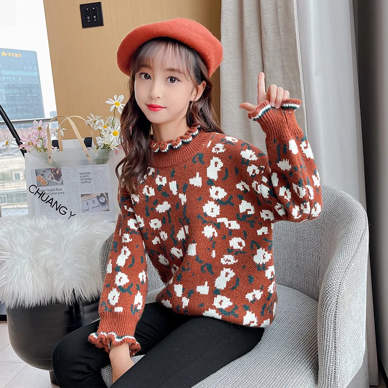

Teenage Clothing Kids Casual Ruffle Pullover Sweater Girl Loose Floral Pattern Pullover Tops Children Warm Spring Autumn Sweater