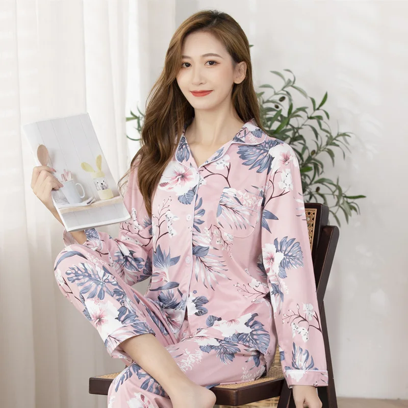 Autumn and Winter Cotton Ladies Pajamas Lapel Cardigan Long-sleeved Trousers Two-piece Casual Loose Fashion Home Service