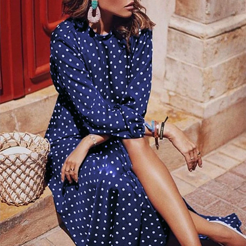 

Boho Lantern Sleeve Polka Dot Printed Long Dress Women Elegant Vintage Stand Collar Long Sleeves Autumn Dress Plus Size