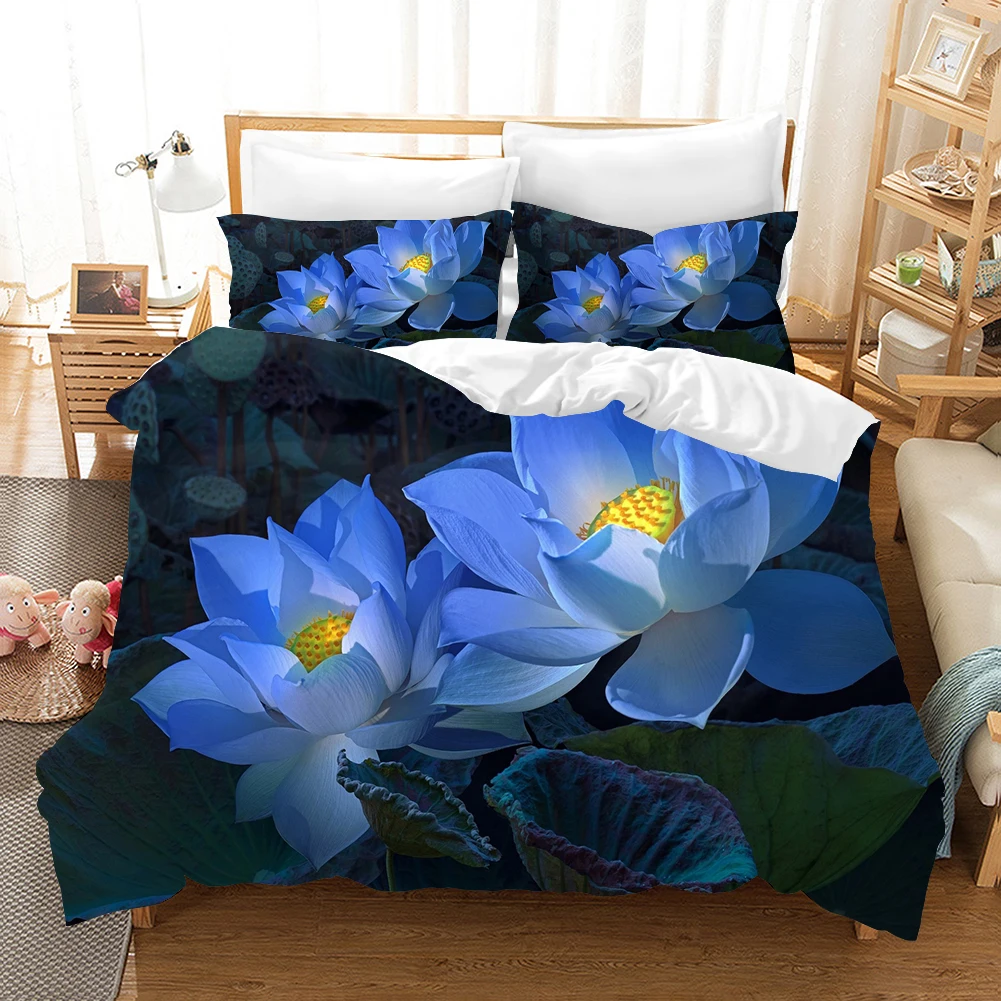 

Blue Flower Bedding Set Lotus Elegant Comforter 3D Print Luxury Duvet Cover Set Home Textile Decor Queen King Single Size