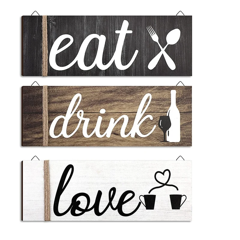 

Деревянный домашний знак, 3 шт., деревенский деревянный настенный Декор для кухни, съесть напиток, любовь, деревянный знак с подвесным отверс...