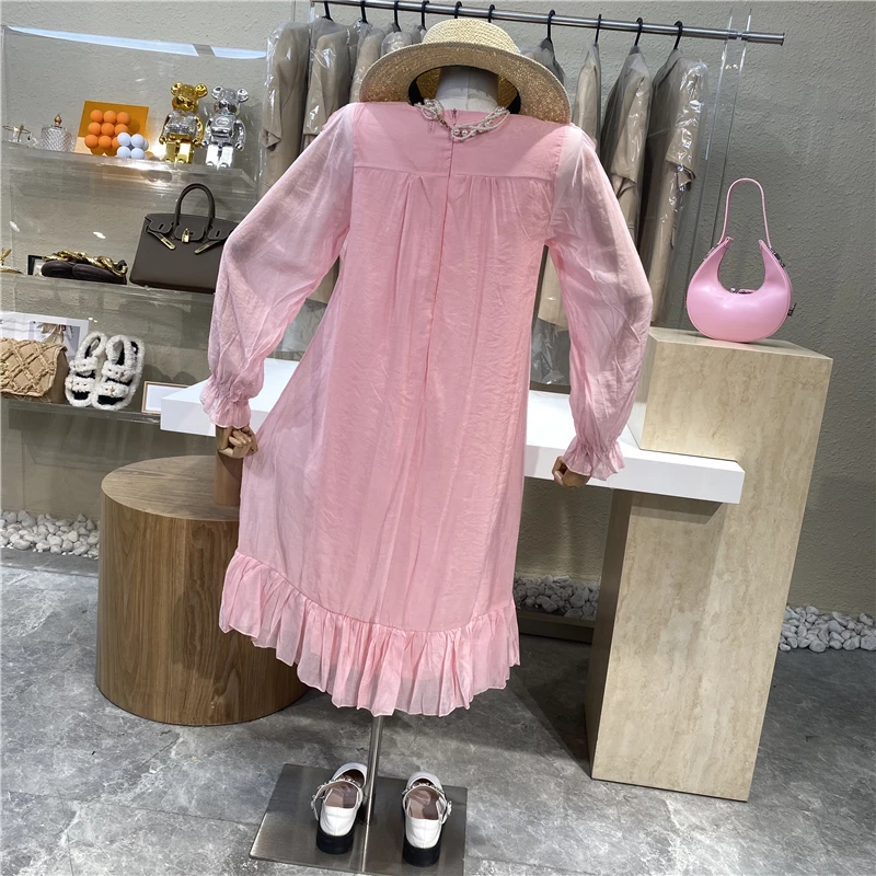 

Sweet Loose Ruffled Long Sleeve Dress for Women V Neck Pleated Lace Pink Long Dress Female Loose Waist Solid Color Dress