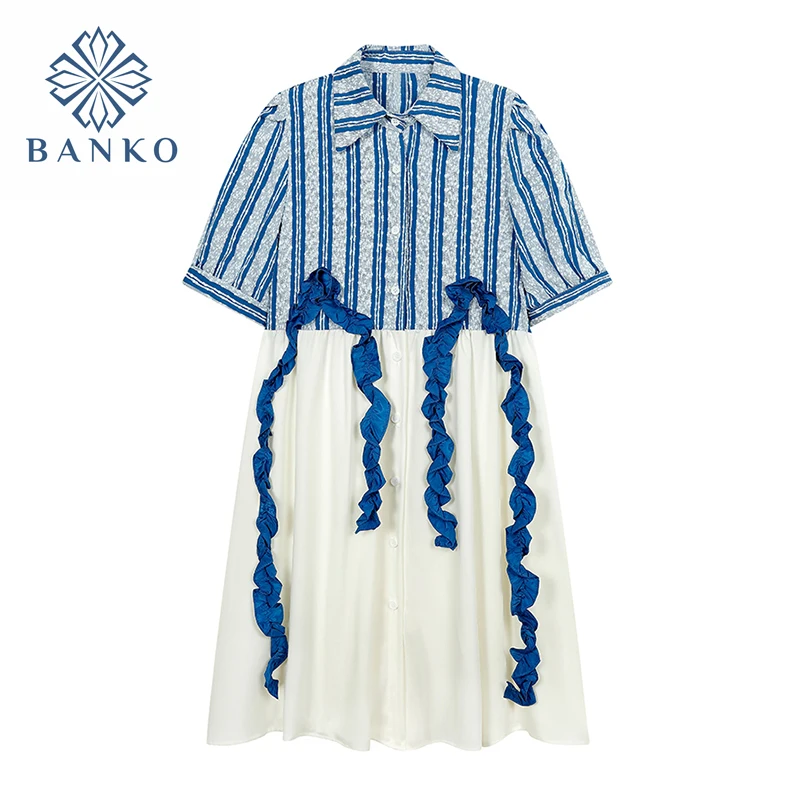 

2021 Summer Women's Fake Two Piece Set Blue Vertical Striped Ruffle Puff Sleeve Dress Patchwork Button Up Shirt Dresses Female