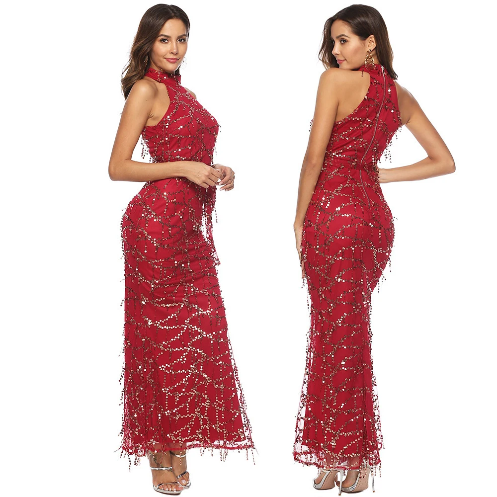 Женское длинное вечернее платье русалка красное макси из сетчатой ткани с