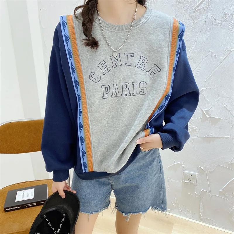 

Winter Fashion Loose Fleeced Sweatshirt for Women Long Sleeve Thickening Patchwork Cotton Flocking Pullovers Top Student Teens