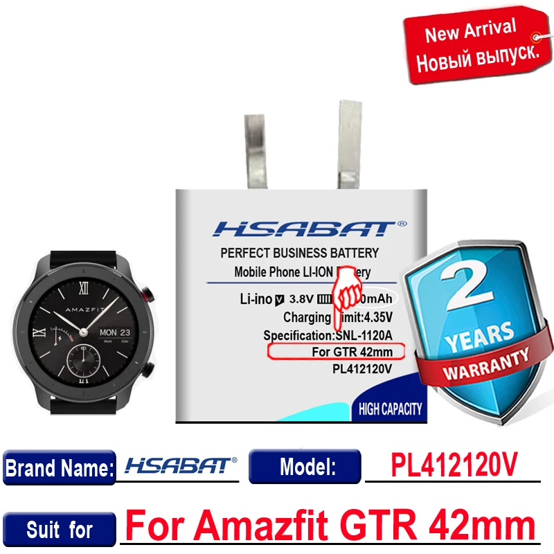 HSABAT 0 цикла 300 мА/ч PL412120V Батарея для AMAZFIT GTR 42 мм Высокое качество запасной