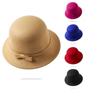 Kids' Winter Elegant Foldable Wool Felt Bucket Hat With Bow Children Fishing Hats Floppy Solid Caps 