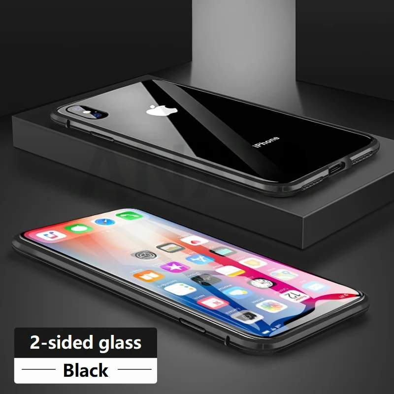 Металлический магнитный чехол для iphone X, Xr, Xs, 11 Pro, макс. закаленное стекло, задняя крышка с магнитом, чехол для iphone 6, 6s, 7, 8 Plus, чехол - Цвет: Black