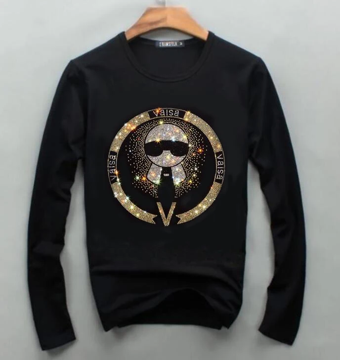 

Spring Autumn Hot drill Long Sleeve Men's T-shirt Sets O-neck Solid cotton T Shirt Men Black