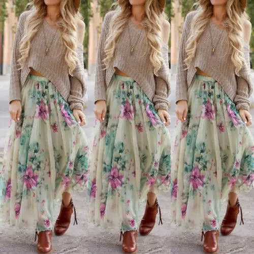 Шифоновые Boho женские богемные с высокой талией цветочные принты Джерси цыганские летние юбки летний пляжный длинный макси юбки