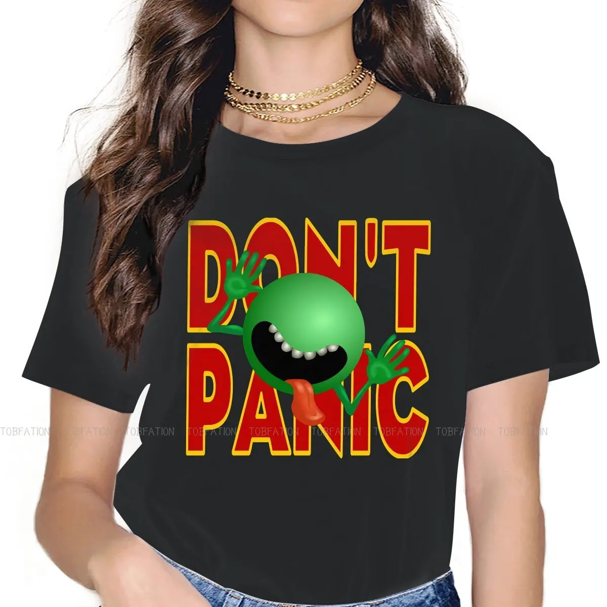 

DON'T PANIC Green Women's TShirt The Hitchhikers Guide To The Galaxy Film Girls Basic Tops O-neck Female T Shirt 4XL Funny Gift