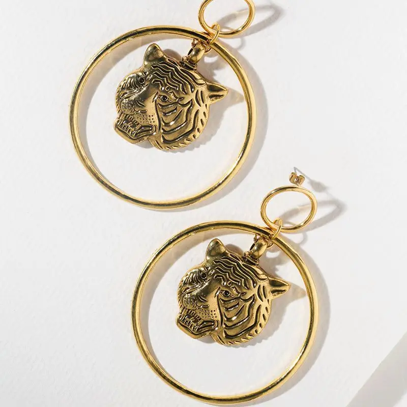 

Punk Street Fashion Exaggerated Tiger Circle Big Dangle Earrings For Women Vintage Gold Animal Statement Earring Party Jewelry